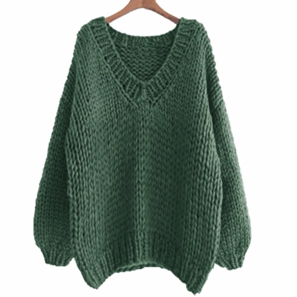 Hand knit V-neck, slouchy, green sweater